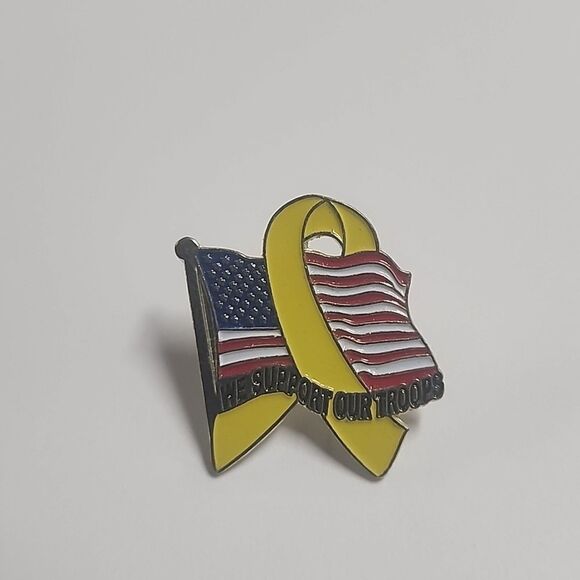 We Support Our Troops Yellow Ribbon Flag USA Vintage Lapel Pin - Picture 1 of 2